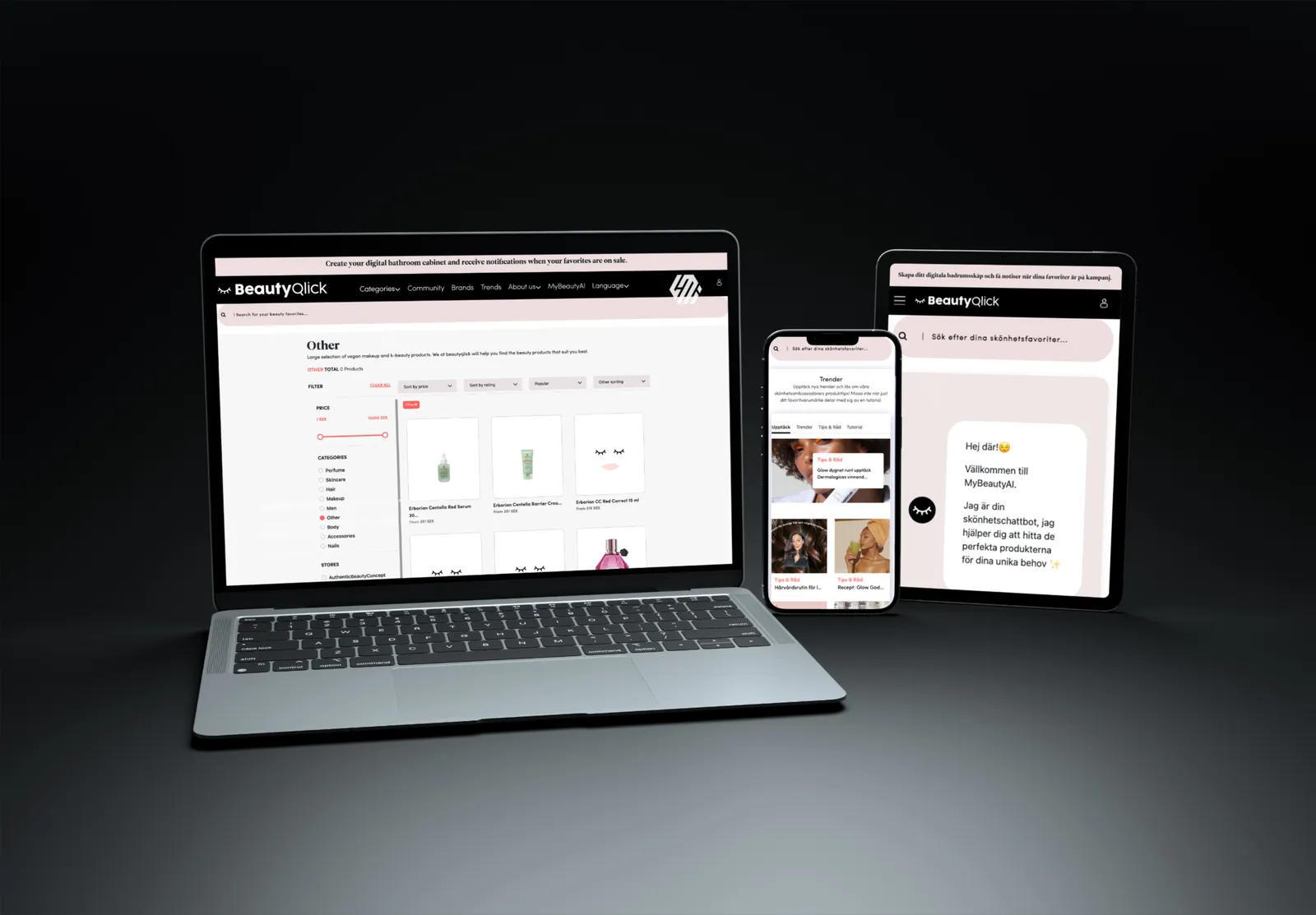 BeautyQlick on a laptop, a phone and a tablet