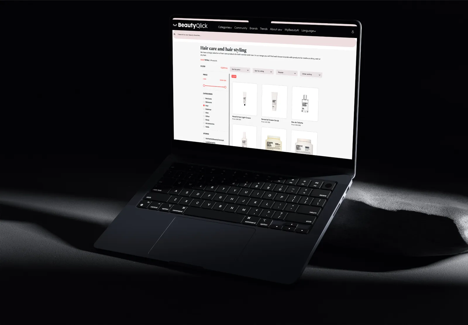 BeautyQlick hair care category page on a laptop
