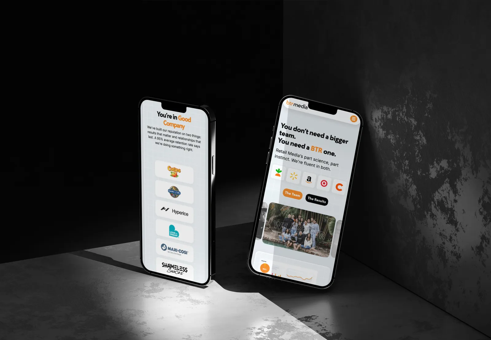 Two BTR Media mobile screens side by side