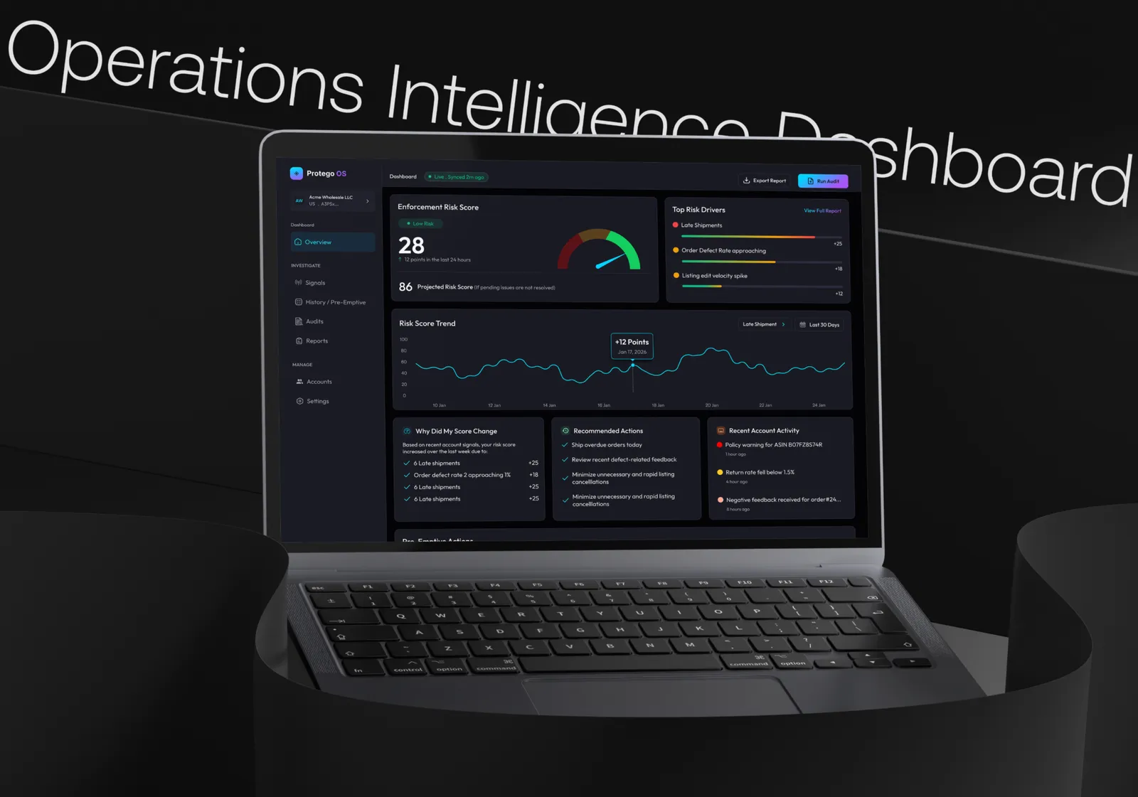Protego risk score, risk trend and top risk drivers on a laptop