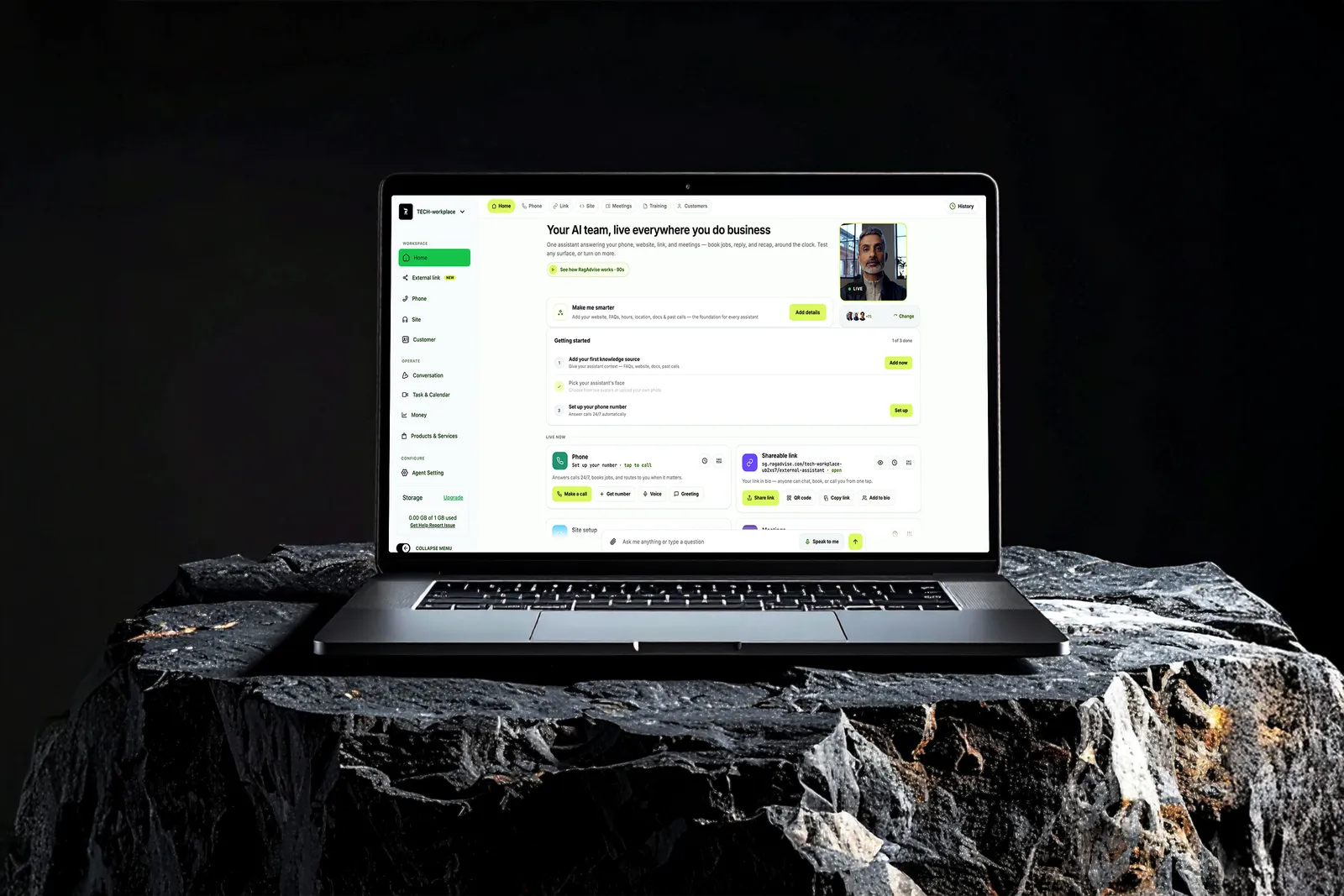 RAG Advise assistant workspace with knowledge sources and channels on a laptop