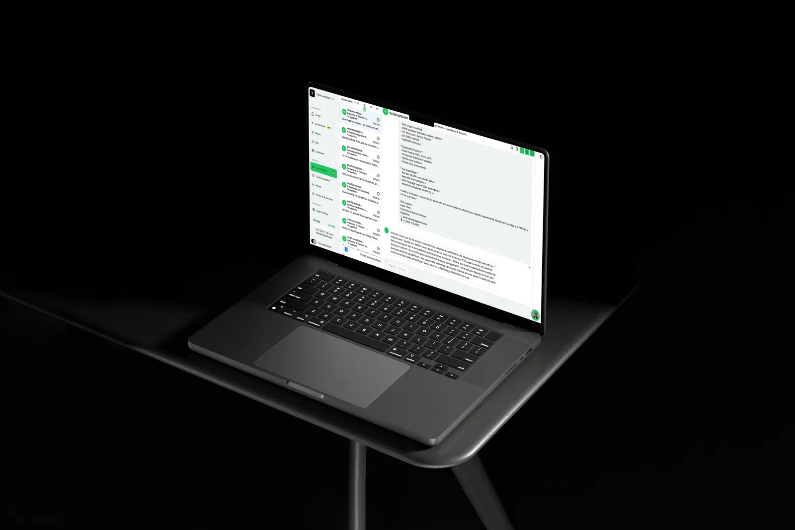 RAG Advise conversations inbox on a laptop